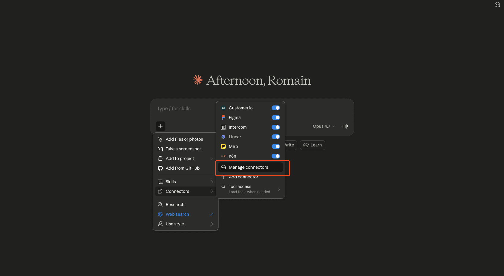 Claude Manage connectors menu