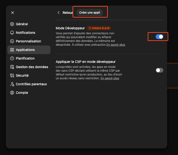 ChatGPT Apps advanced settings with Developer mode and Create an app